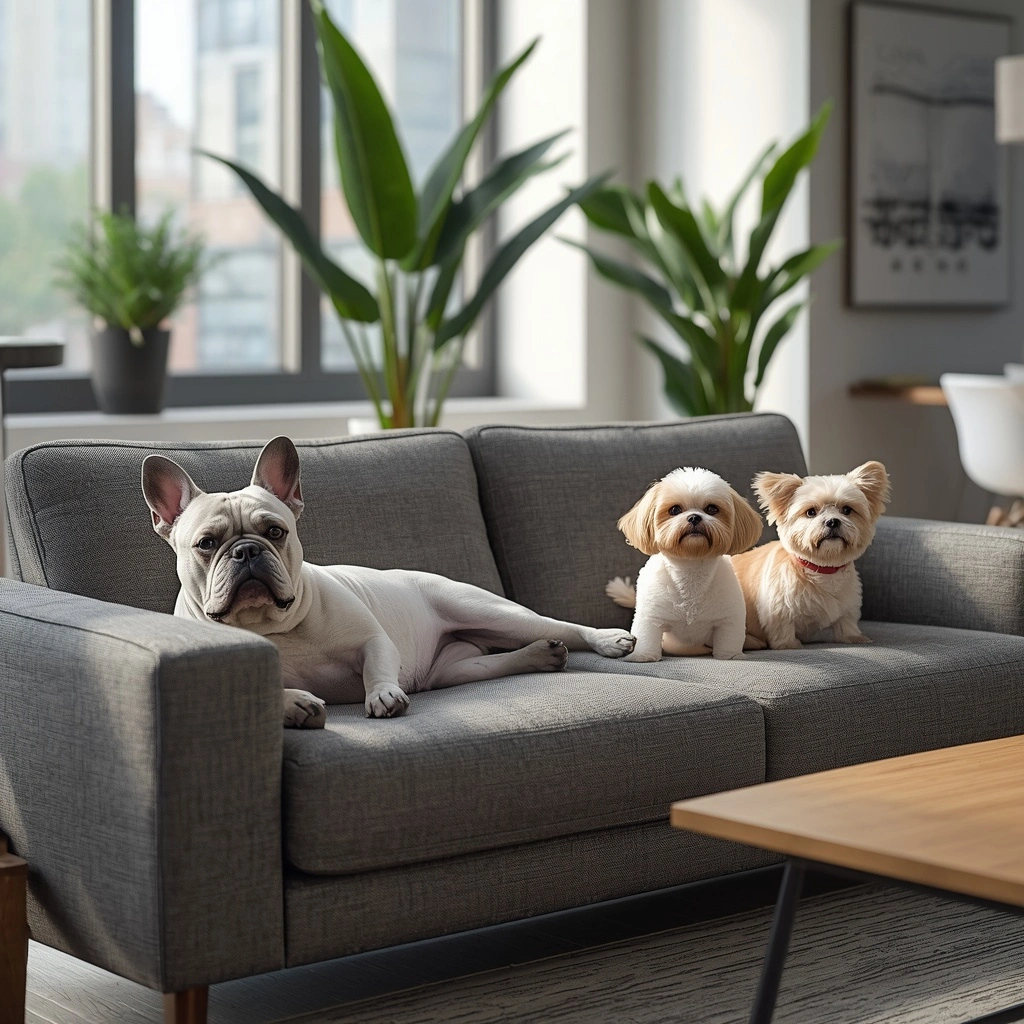 French Bulldog relaxing on a gray sofa beside a Toy Poodle and Shih Tzu in a bright modern American apartment, showcasing apartment-friendly small dog breeds.