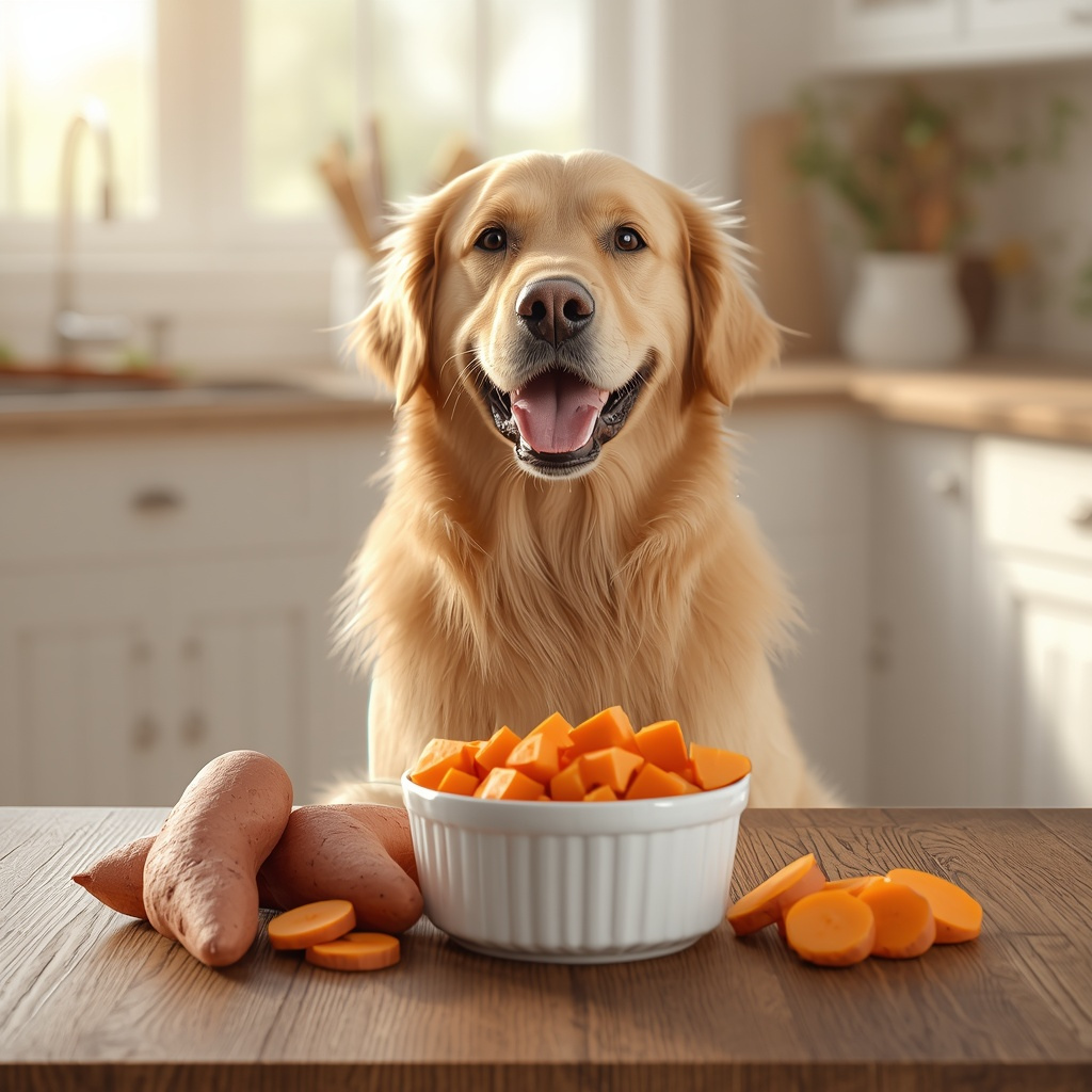 Golden Retriever sitting beside a bowl of plain cooked sweet potato cubes on a wooden table in a bright American kitchen, showing a safe and healthy sweet potato treat for dogs.