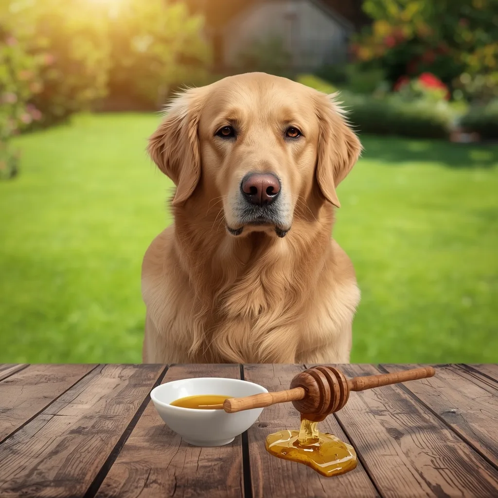 Labrador Retriever licking a small amount of natural honey from a spoon in a sunny backyard, showing a safe way to feed honey to dogs.