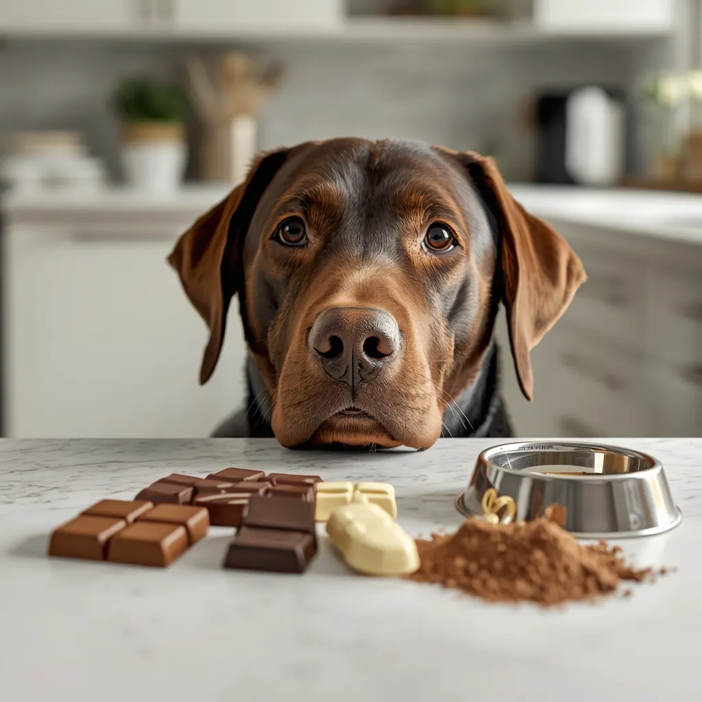 Labrador Retriever looking curiously at dark chocolate, milk chocolate, and cocoa powder placed safely out of reach on a kitchen counter in a bright American home, highlighting that chocolate is dangerous for dogs.