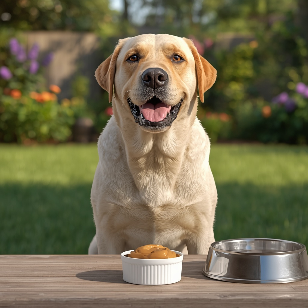Happy Labrador Retriever sitting beside a white ceramic bowl of plain natural peanut butter in a sunny American backyard, showing a safe peanut butter treat for dogs.