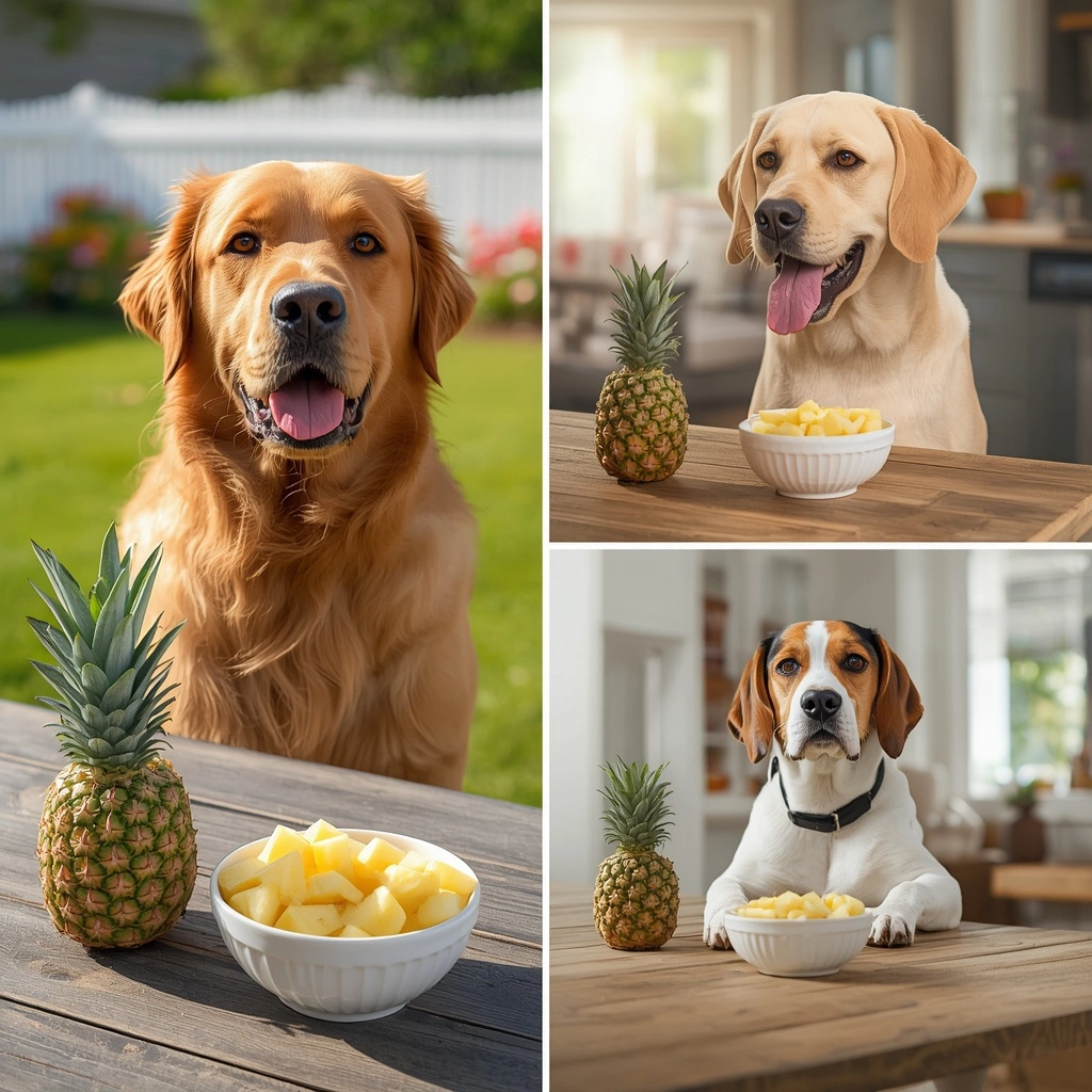 Labrador Retriever looking at a bowl of fresh pineapple cubes in a modern kitchen, illustrating pineapple as a healthy occasional snack for dogs."
