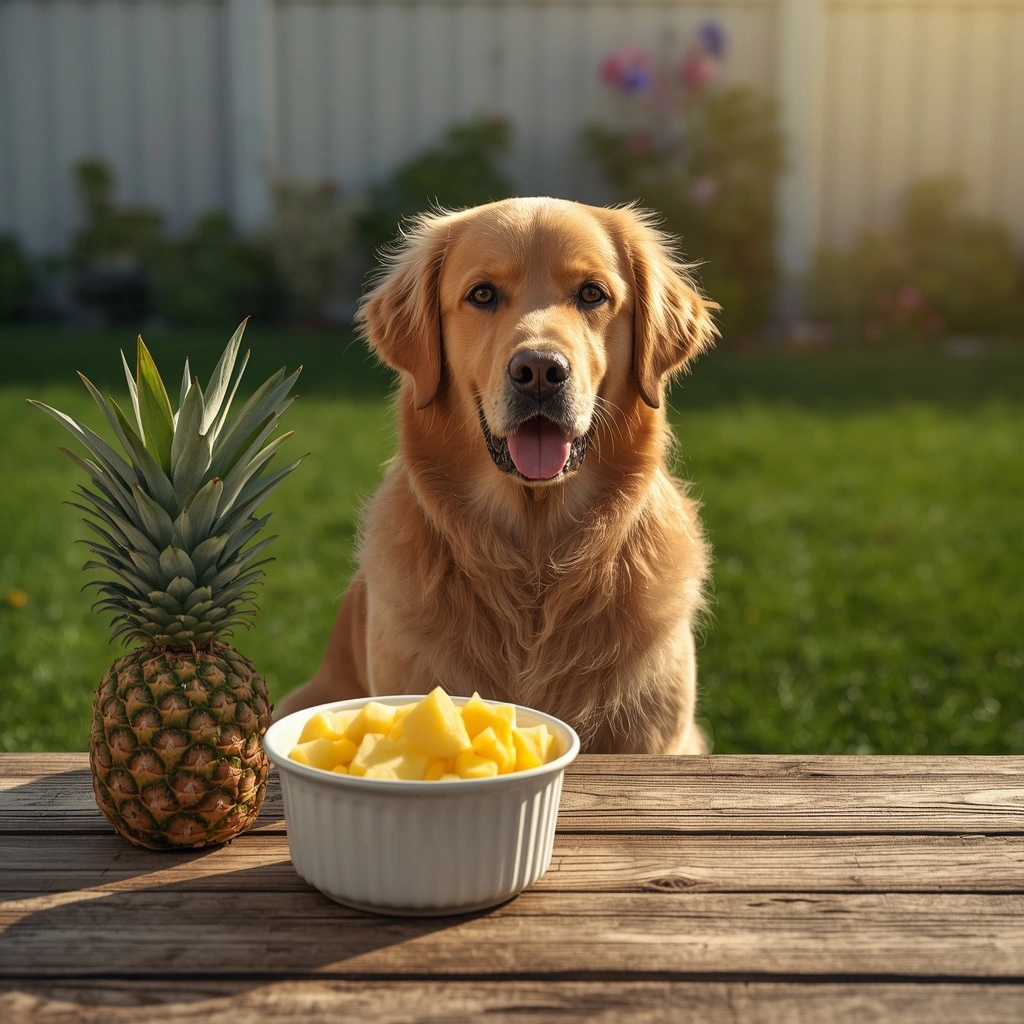 "Can dogs eat pineapple? Golden Retriever next to fresh pineapple chunks in a healthy pet feeding scene."
