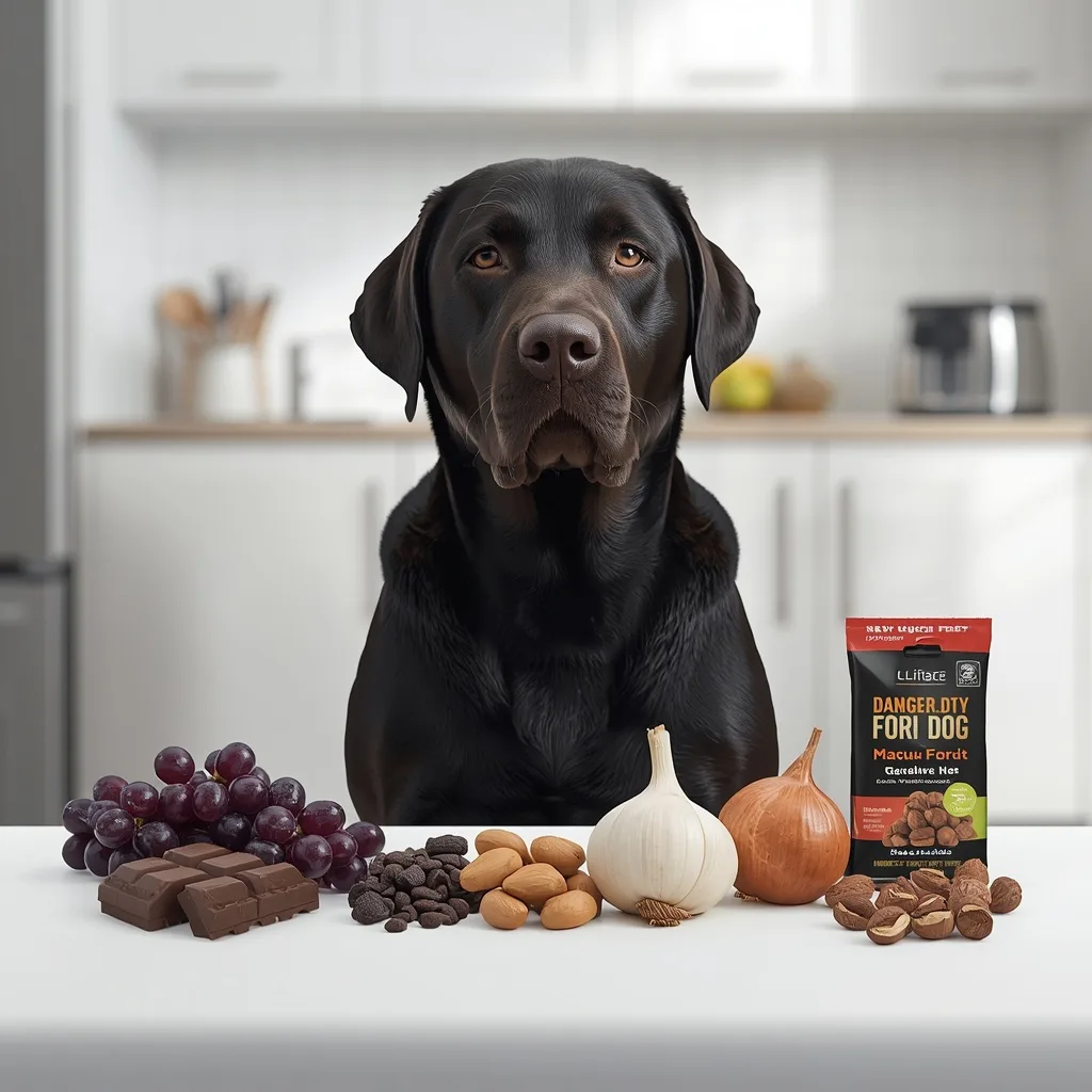 Labrador Retriever beside dangerous foods dogs can't eat, including chocolate, grapes, raisins, onion, garlic, macadamia nuts, and sugar-free candy