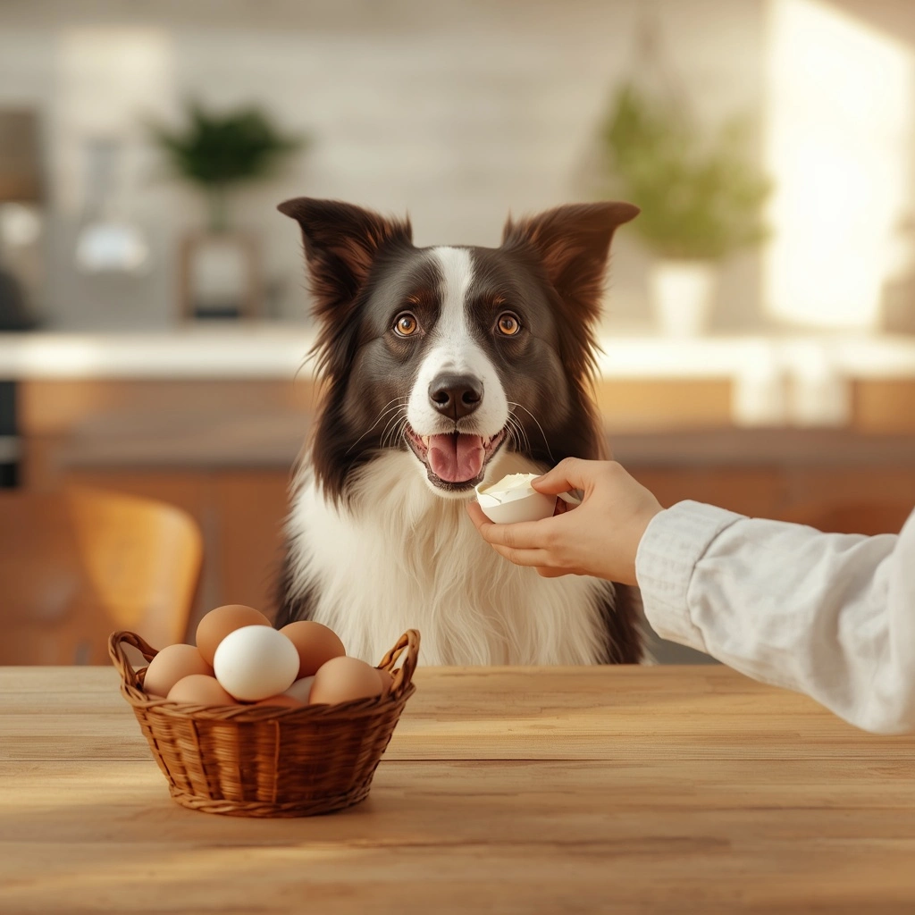 "Smiling Border Collie waiting for a sliced boiled egg in a bright modern kitchen, showing a healthy and safe egg treat for dogs."