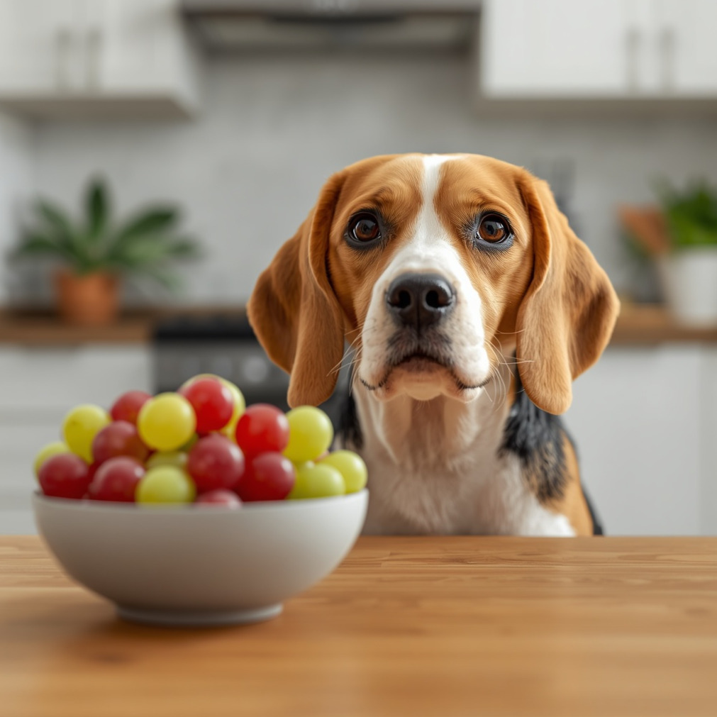 **Alt Text:**

**Curious Beagle sitting beside a bowl of fresh red and green grapes on a wooden countertop in a bright modern American kitchen with natural sunlight.**
