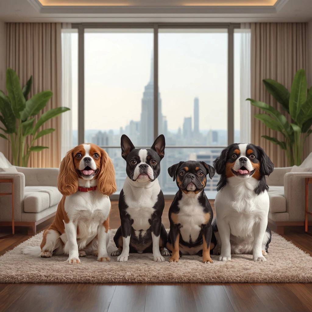 Cavalier King Charles Spaniel, Boston Terrier, Havanese, and Maltese sitting together in a modern apartment, highlighting the best small dog breeds for apartment living.