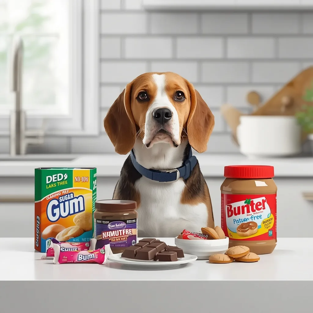 Beagle sitting beside sugar-free gum, candy, peanut butter, and chocolate, highlighting potentially dangerous human foods for dogs.