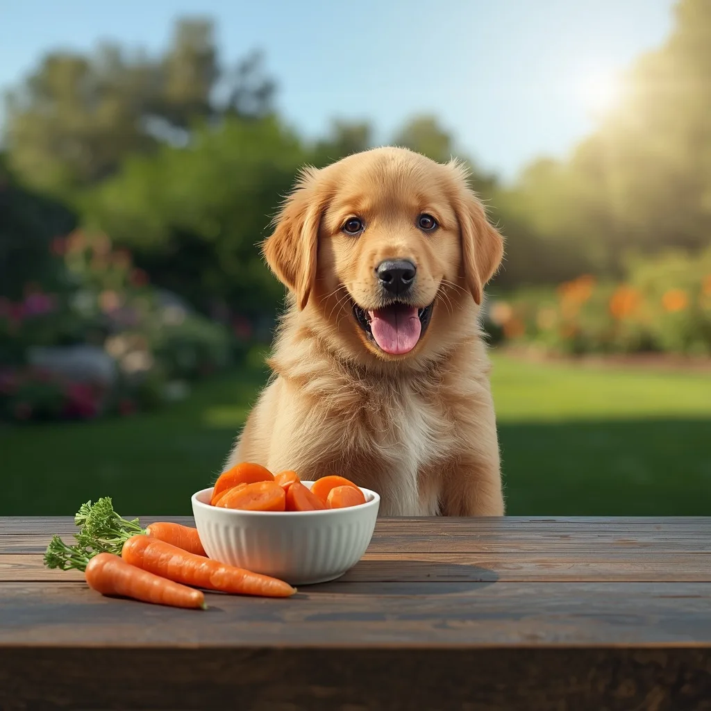**Alt Text:**
**Happy Golden Retriever puppy sitting beside a small bowl of fresh sliced carrots on a wooden table in a sunny backyard, showing carrots as a healthy snack for puppies.**
