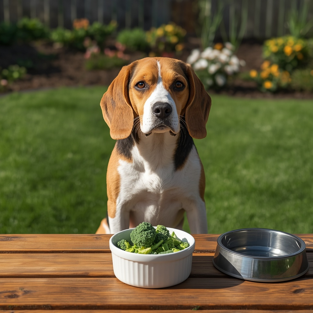 Golden Retriever sitting beside a white ceramic bowl of plain steamed broccoli in a sunny American backyard, illustrating broccoli as a safe and healthy vegetable for dogs.