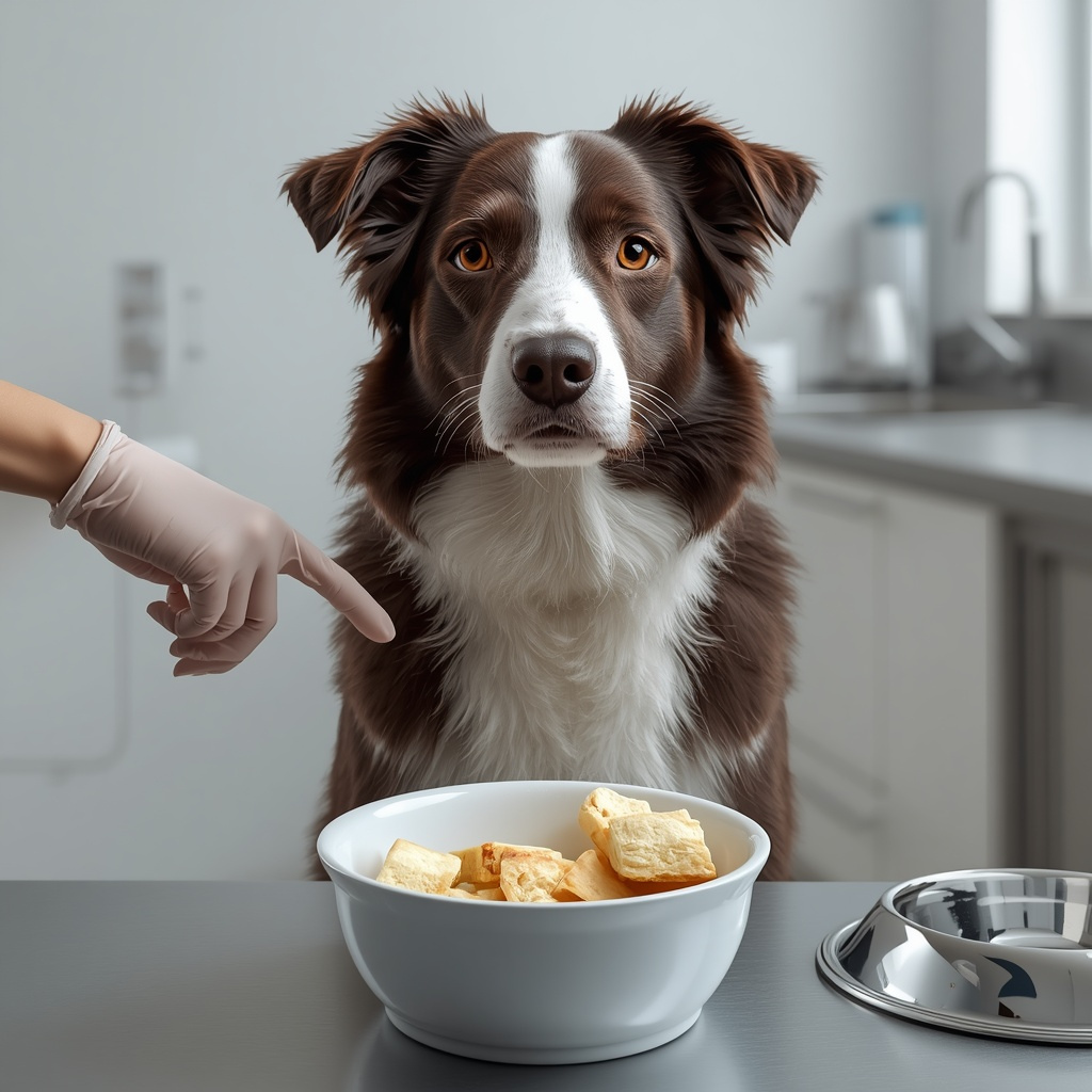 Border Collie sitting beside a bowl of plain baked bread in a veterinary clinic, demonstrating veterinarian-approved guidance on feeding plain bread to dogs in moderation.