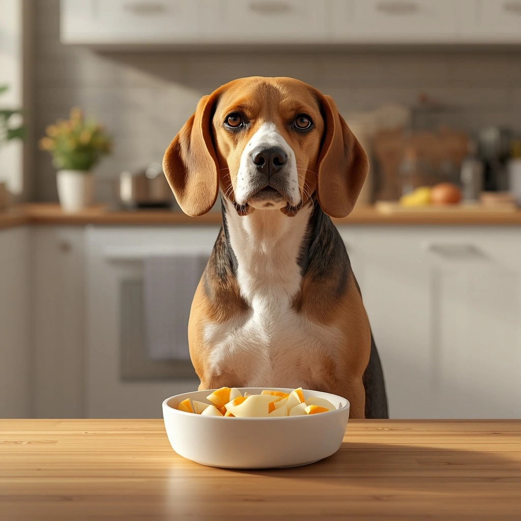 Beagle with a bowl of chopped boiled eggs on a wooden countertop, illustrating that cooked eggs are a healthy, protein-rich food for dogs."