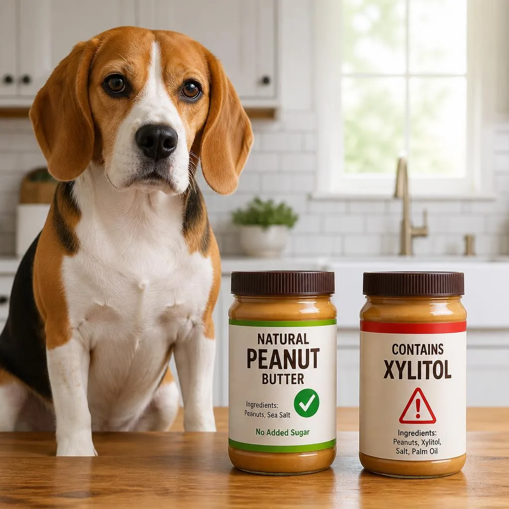 Beagle sitting beside two peanut butter jars, one labeled natural peanut butter and the other containing xylitol with a red warning symbol, illustrating safe and unsafe peanut butter for dogs.