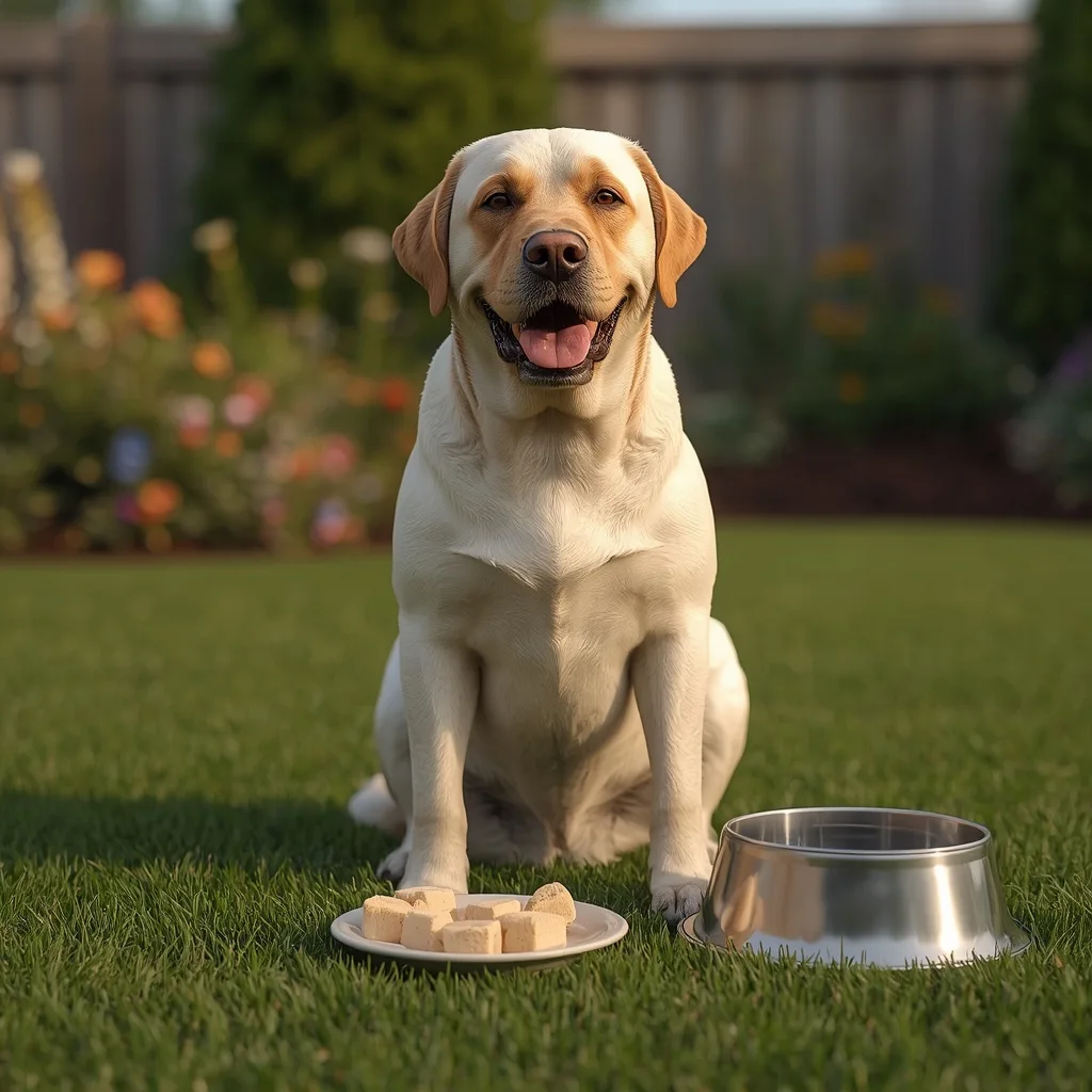 Happy Labrador Retriever sitting beside a white ceramic plate of plain whole wheat bread cubes in a sunny American backyard, showing a safe occasional bread treat for dogs.
