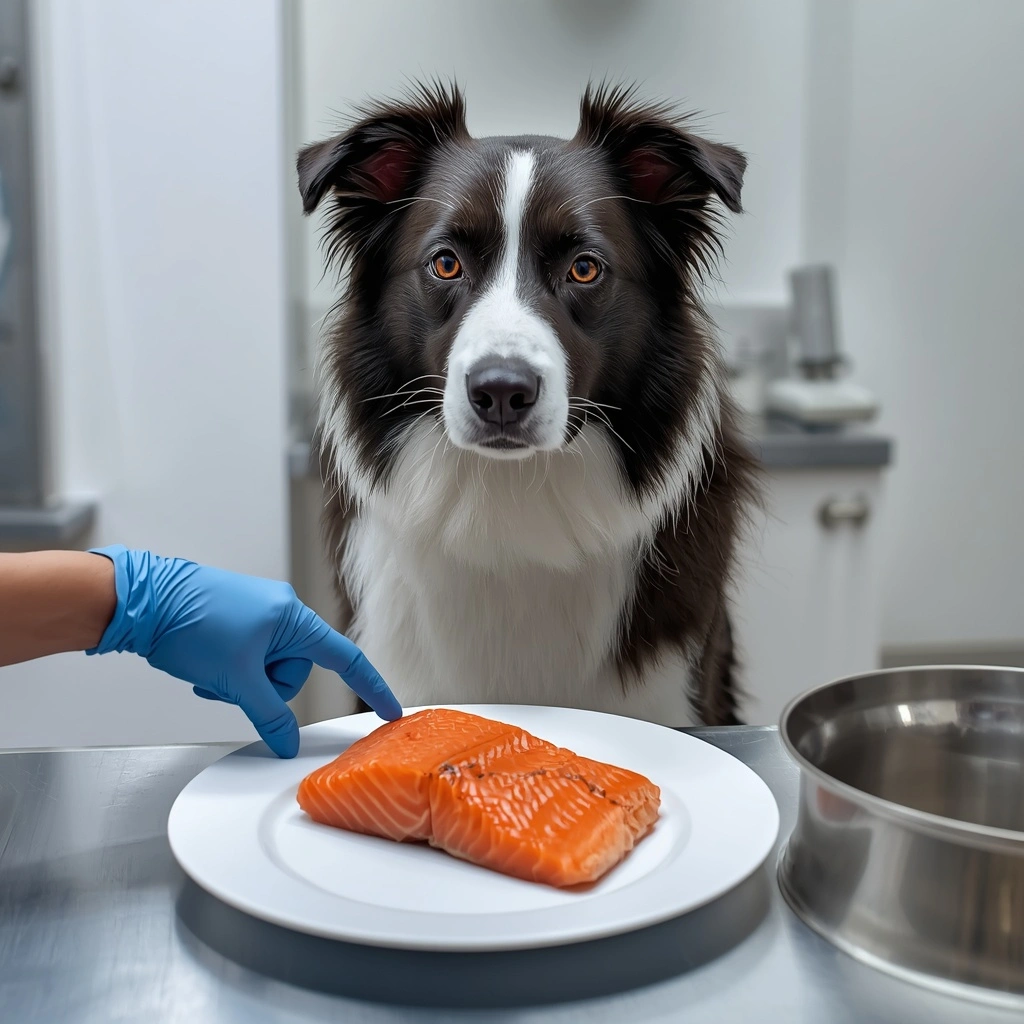 Border Collie on a veterinary exam table while a gloved veterinarian points to a plate of plain cooked boneless salmon, demonstrating safe salmon feeding recommendations for dogs.