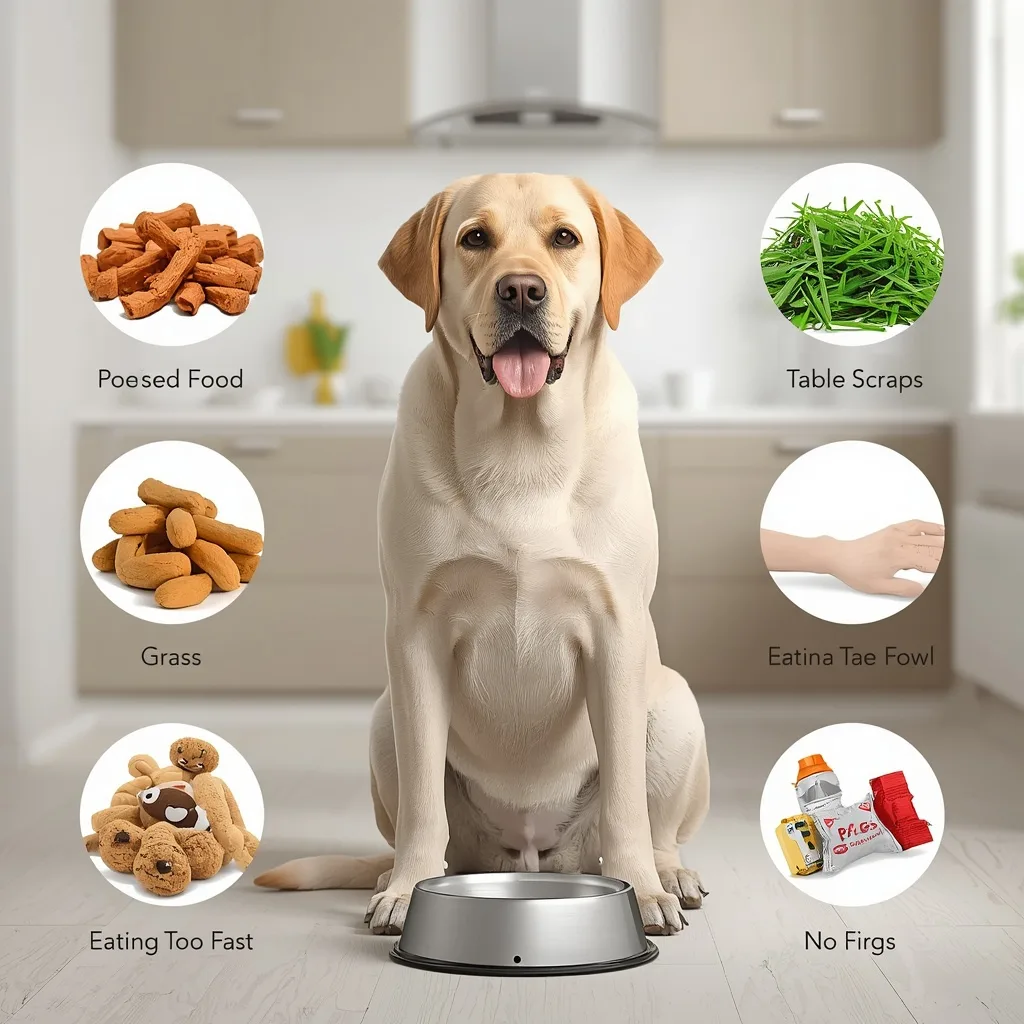 "Labrador Retriever sitting beside spoiled food, table scraps, grass, a toy, and an empty food bowl in a modern kitchen, illustrating common causes of vomiting in dogs."