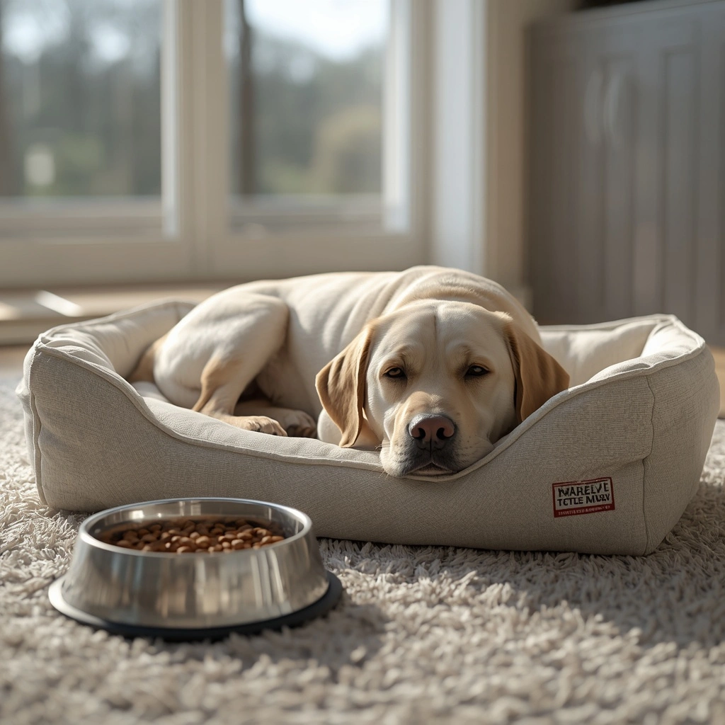 Labrador Retriever showing signs of illness by refusing food and resting.