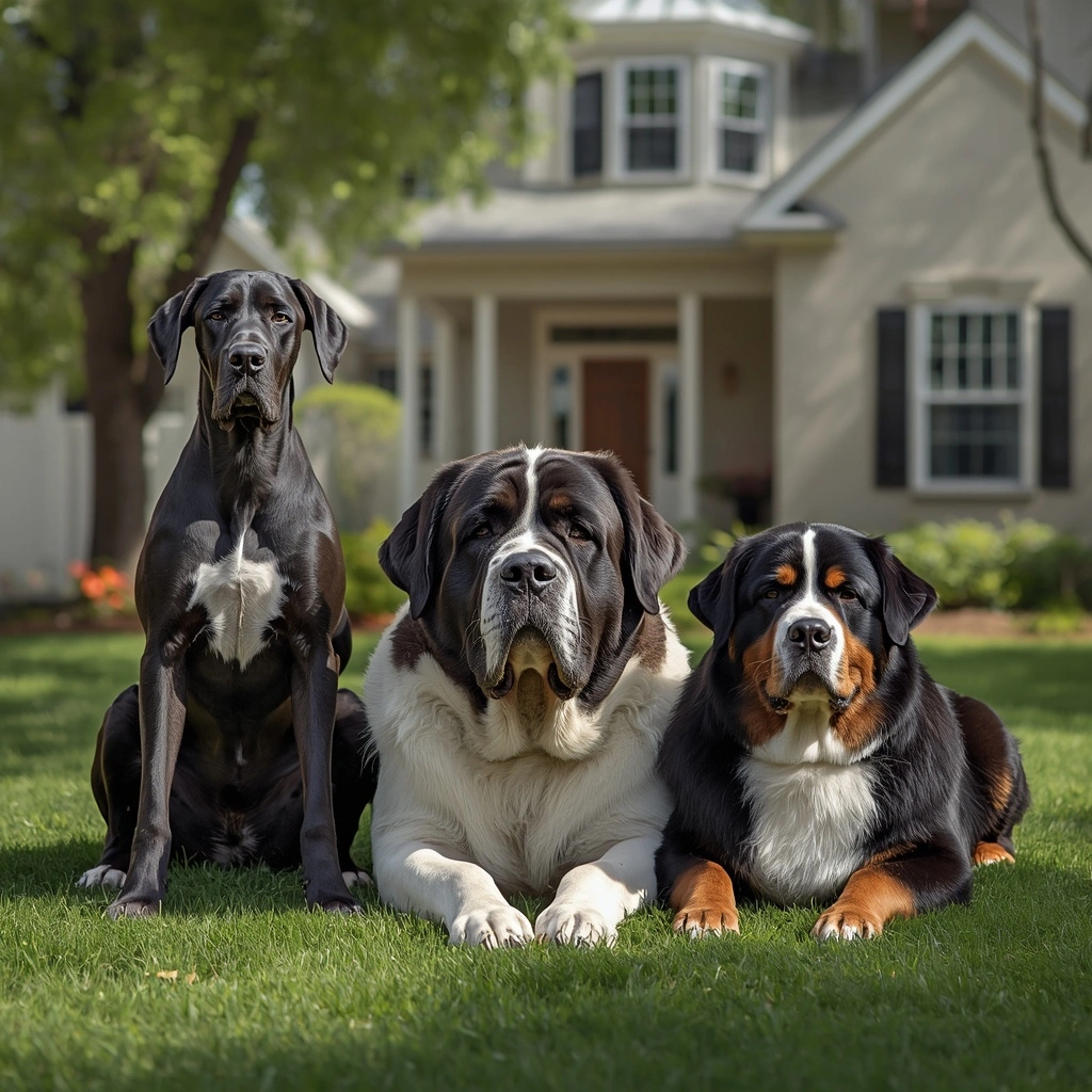 **Alt Text:**
Great Dane, Saint Bernard, Newfoundland, and Bernese Mountain Dog relaxing together in a spacious backyard, showcasing gentle giant dog breeds.
