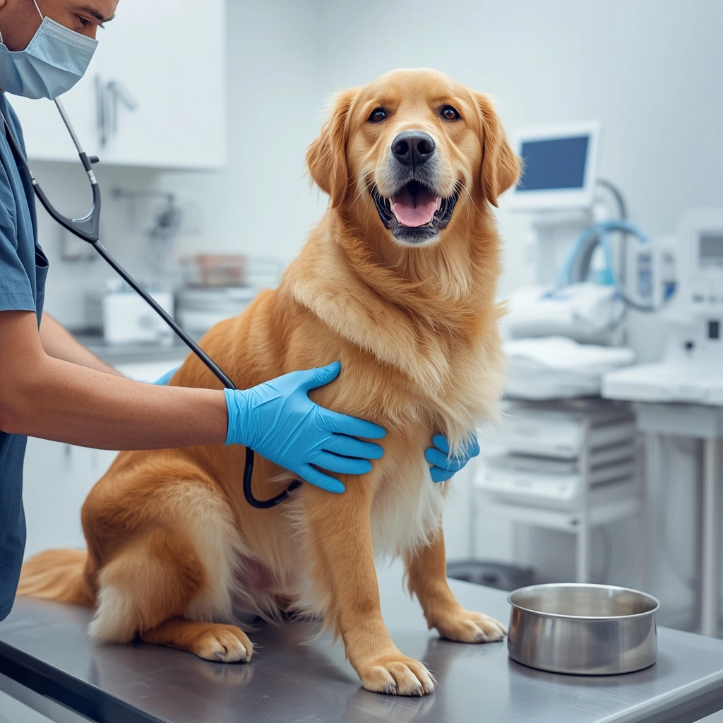 Golden Retriever receiving a veterinary examination after vomiting in a modern animal clinic.