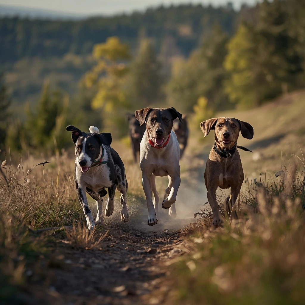 Active dog breeds including German Shorthaired Pointer, Border Collie, Vizsla, Belgian Malinois, and English Springer Spaniel running on an American hiking trail.