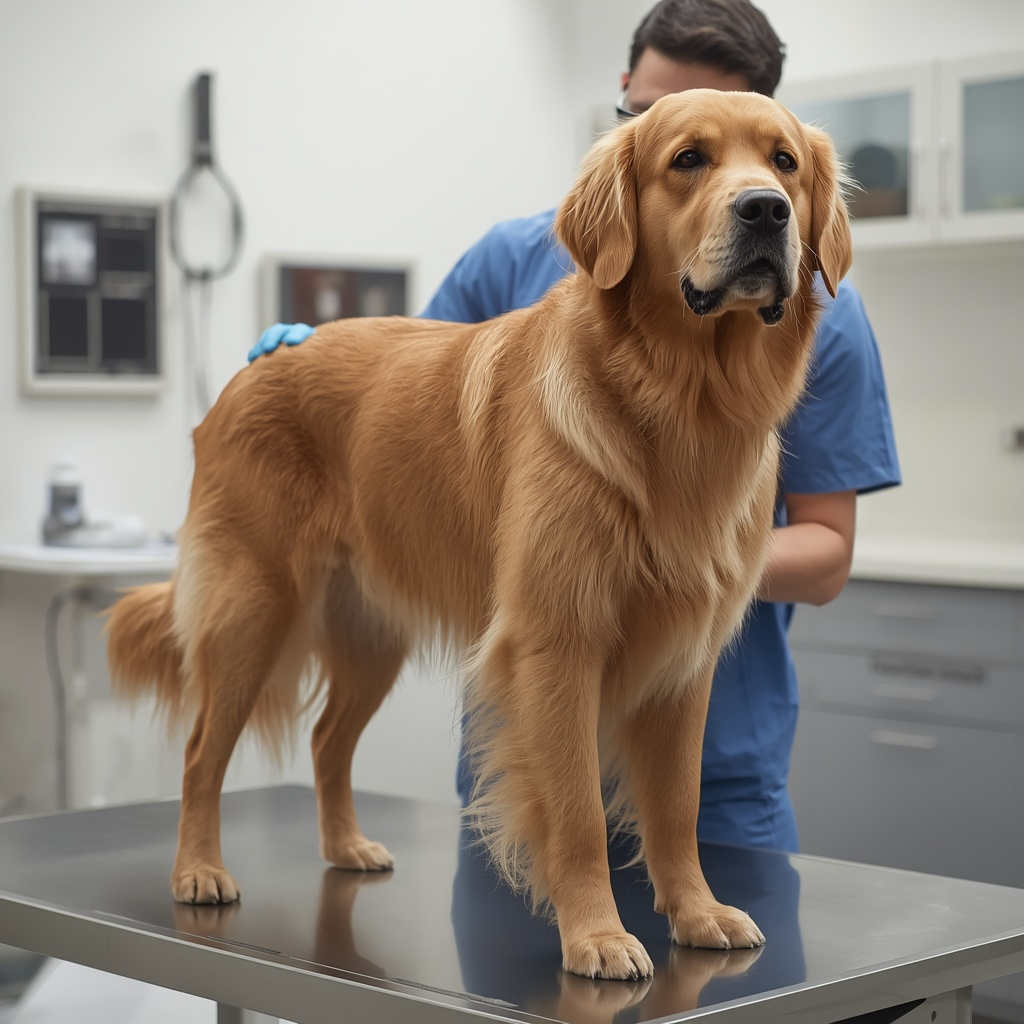 Golden Retriever receiving a veterinary abdominal examination in a modern animal clinic to diagnose the cause of vomiting and digestive problems.