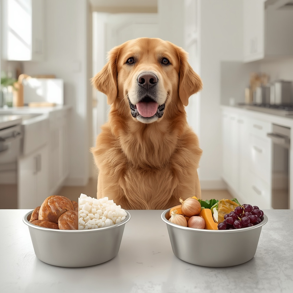 Golden Retriever sitting between dog-safe foods like boiled chicken, rice, and pumpkin and toxic foods such as chocolate, grapes, onions, and garlic in a modern kitchen.