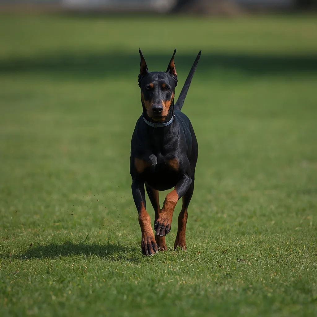 Athletic Doberman Pinscher running during outdoor exercise